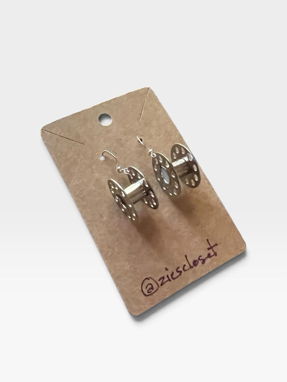 NWT Handmade Silver Tone Bobbin Thread Spool Drop Earrings Jewelry